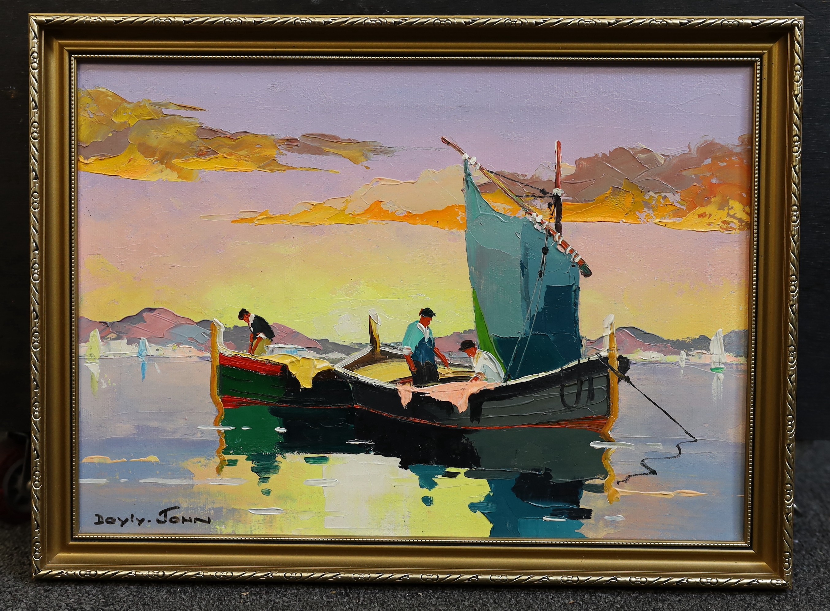 Cecil Rochfort D'Oyly-John (British, 1906-1993), 'Dawn Fishermen off French coast, near St Tropez', oil on canvas, 25 x 35cm